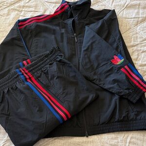 adidas Black Track Suit with Red and Blue Stripes